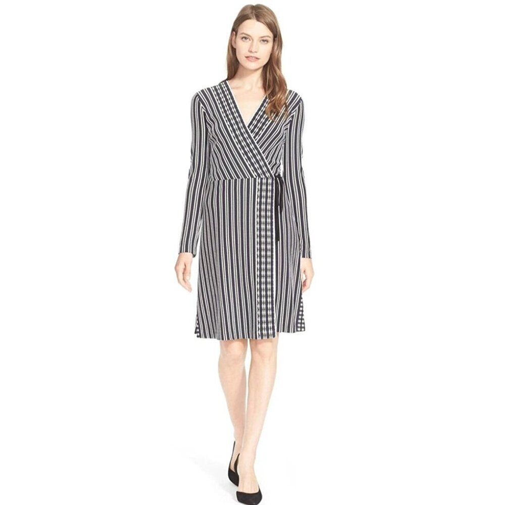 Tory Burch Navy Oxford Stripe Long-Sleeve Jacquard Wrap Dress